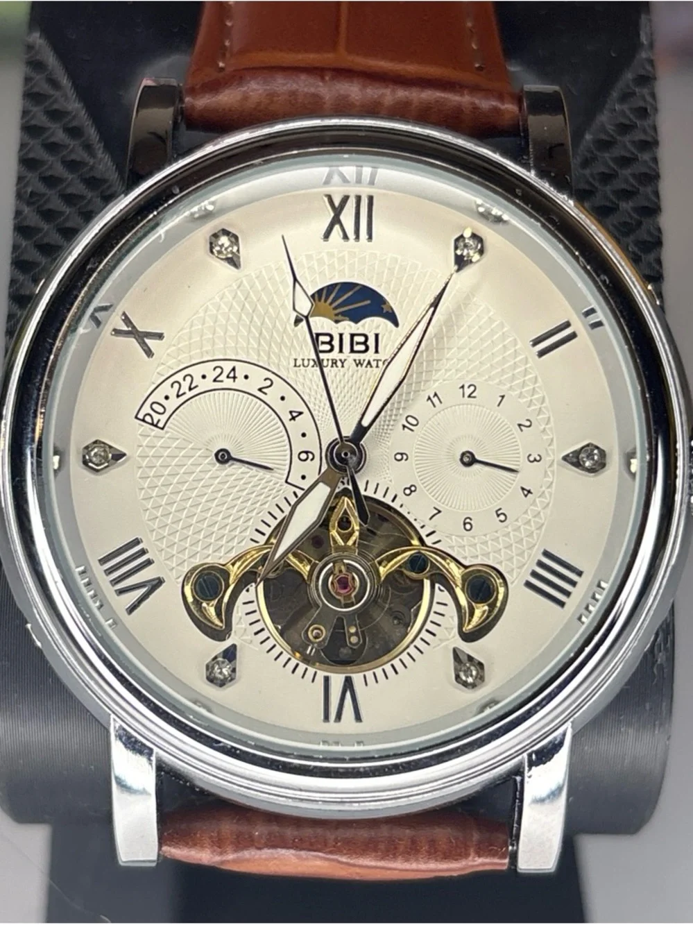 BiBi Automatic Cream Dial Skeleton Watch with Brown Leather Strap